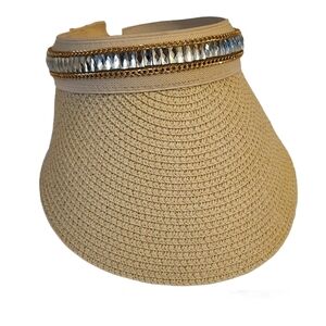 Women Straw Visor w/ Bling Sun Protection Beach Ponytail Summer